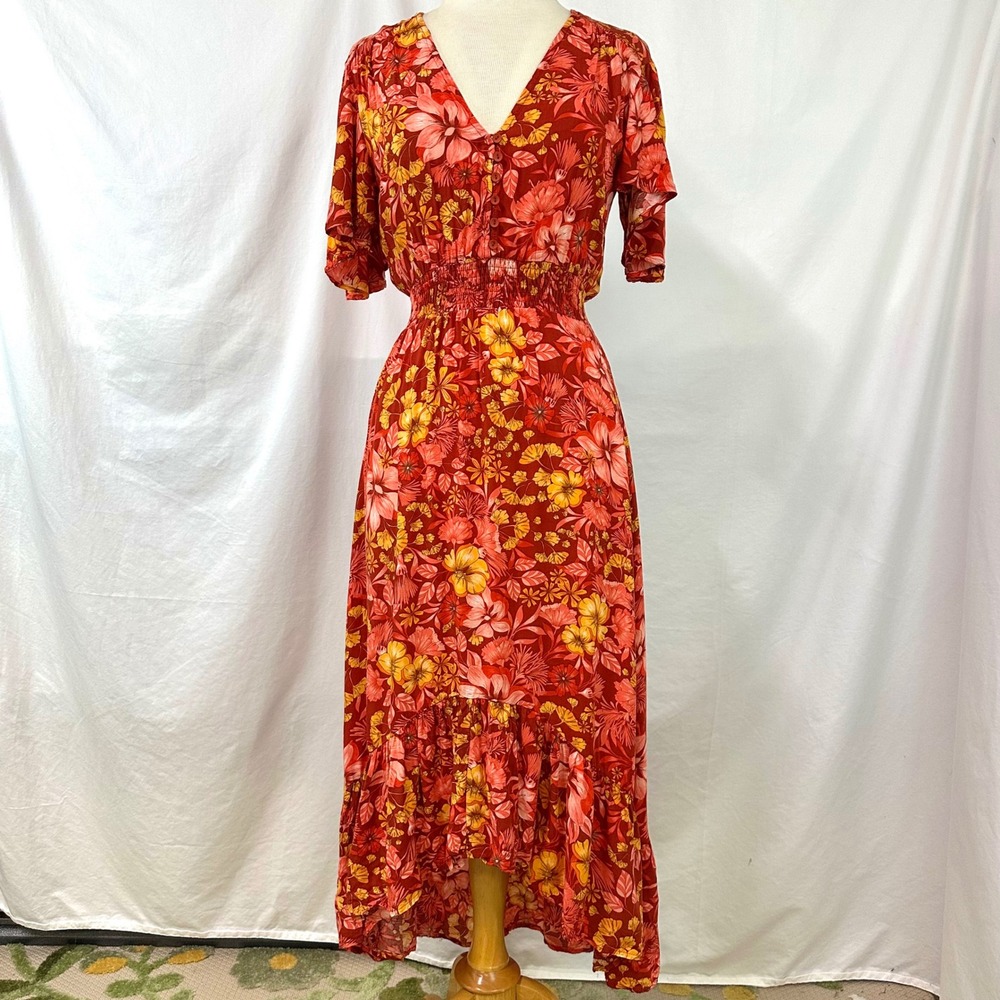 ABEL THE LABEL ANTHROPOLOGIE Red Hawaiian Floral Maxi Dress S Tropical Party